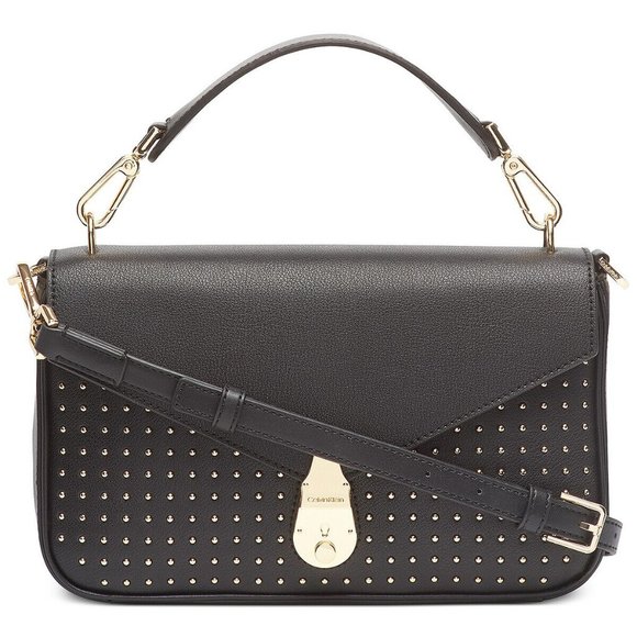Calvin Klein Black Leather Crossbody Bag w/ Gold Stud & Lock Details NWT $268